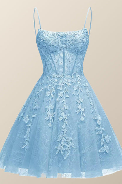 Straps Sky Blue Appliques Short Homecoming Dress