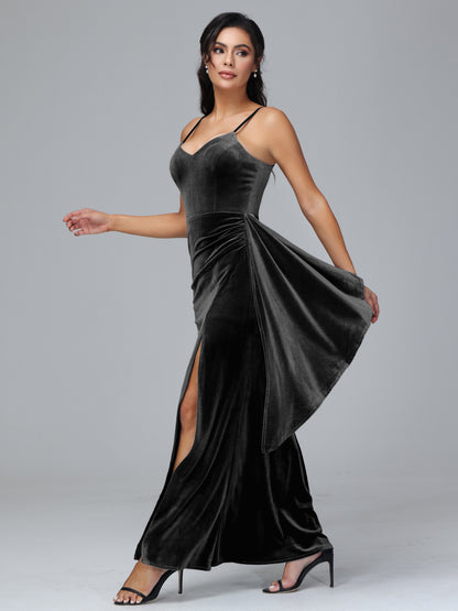 Spaghetti Straps V Neck Plus Size Velvet Bridesmaid Dress With Slit