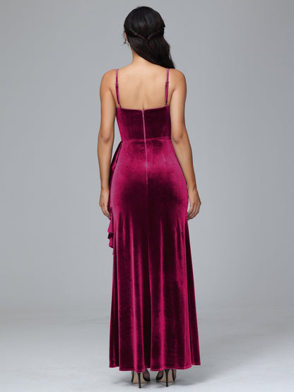 Spaghetti Straps V Neck Plus Size Velvet Bridesmaid Dress With Slit