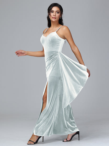 Spaghetti Straps V Neck Plus Size Velvet Bridesmaid Dress With Slit