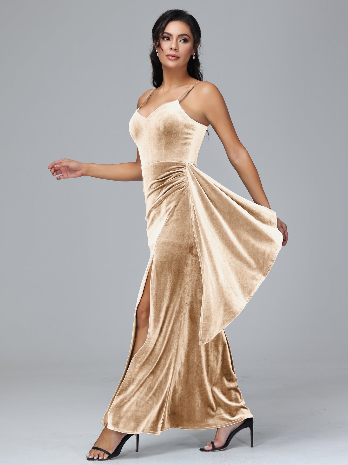 Spaghetti Straps V Neck Plus Size Velvet Bridesmaid Dress With Slit
