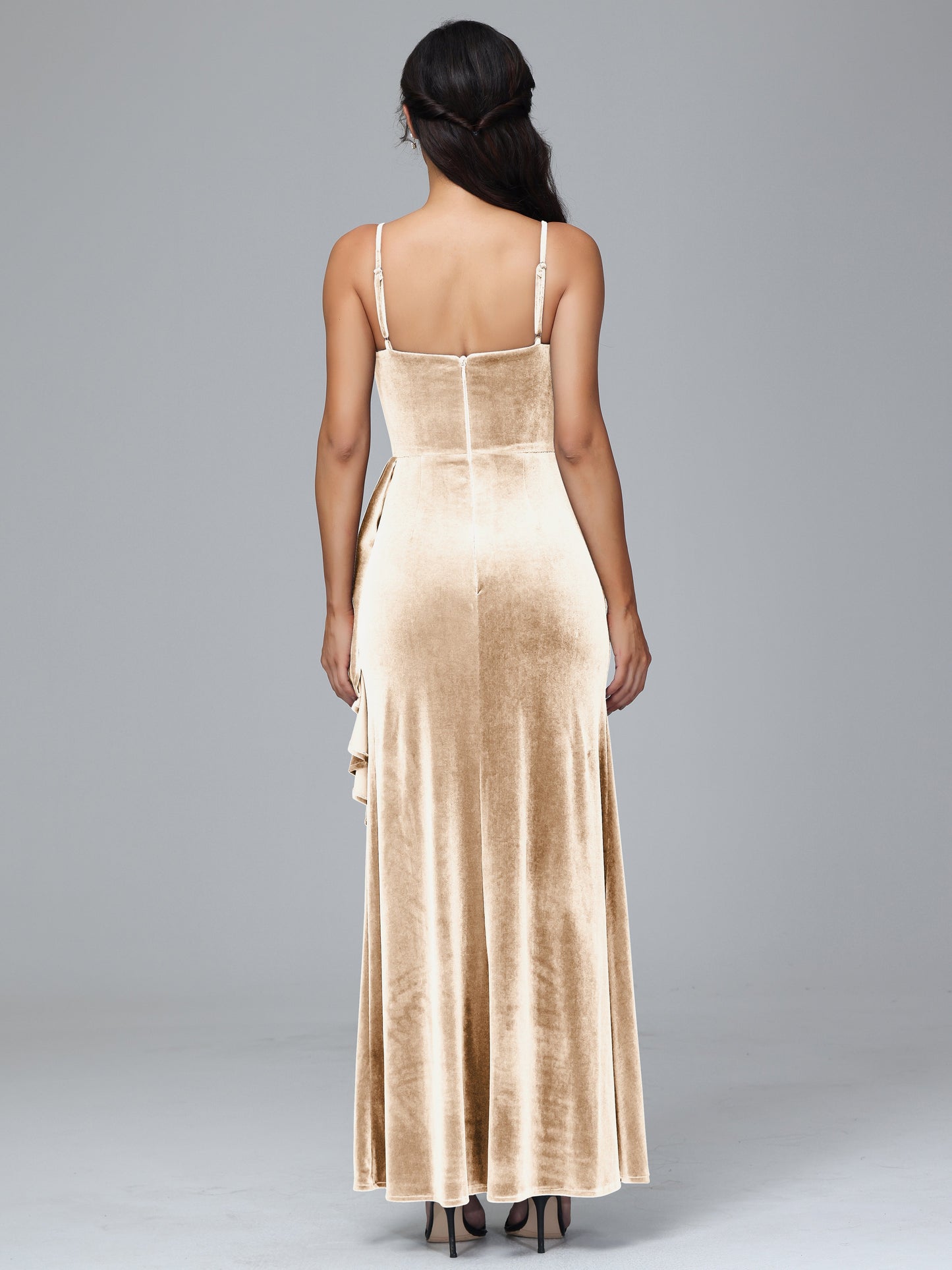Spaghetti Straps V Neck Velvet Bridesmaid Dress With Slit