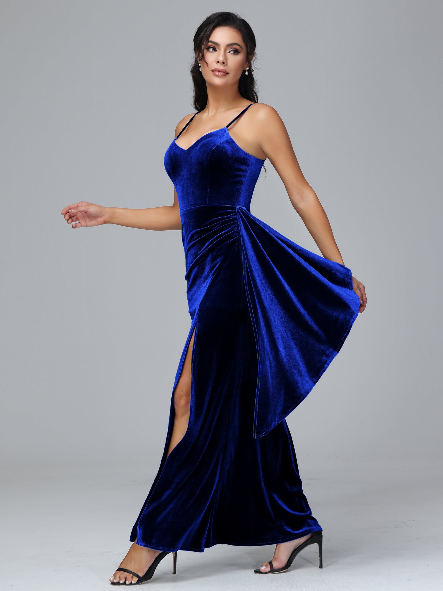 Spaghetti Straps V Neck Plus Size Velvet Bridesmaid Dress With Slit