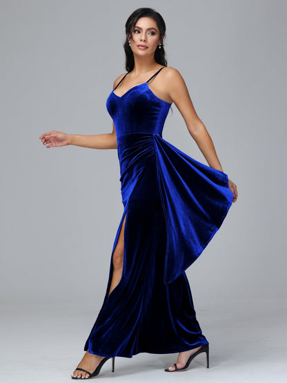 Spaghetti Straps V Neck Plus Size Velvet Bridesmaid Dress With Slit