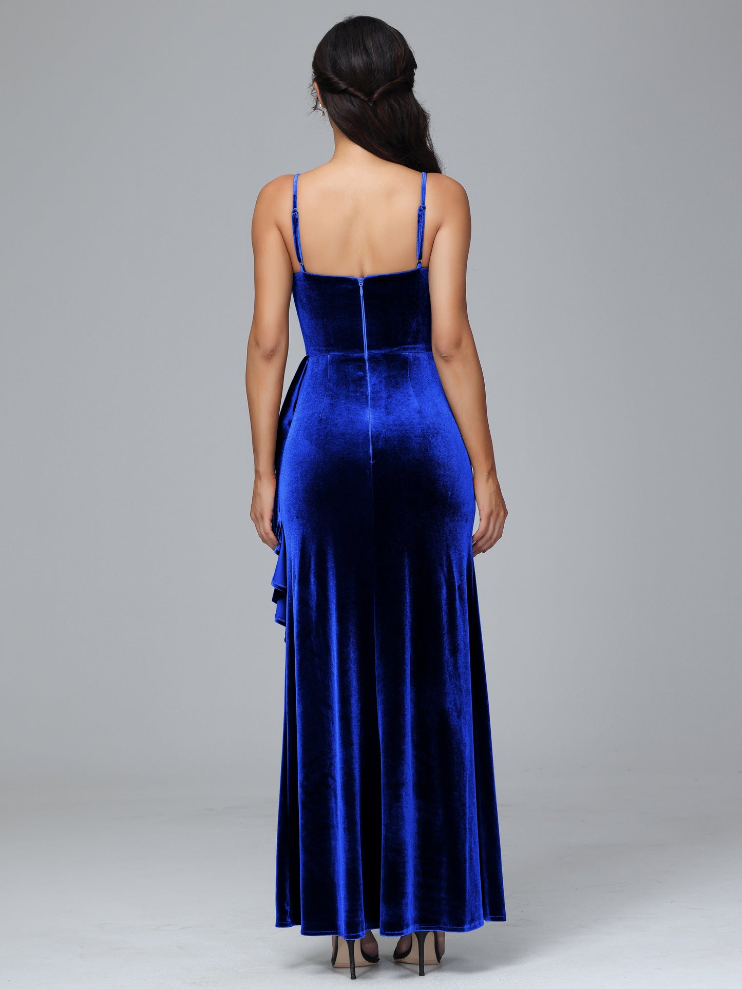 Spaghetti Straps V Neck Plus Size Velvet Bridesmaid Dress With Slit