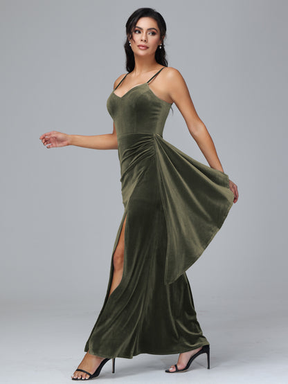 Spaghetti Straps V Neck Plus Size Velvet Bridesmaid Dress With Slit