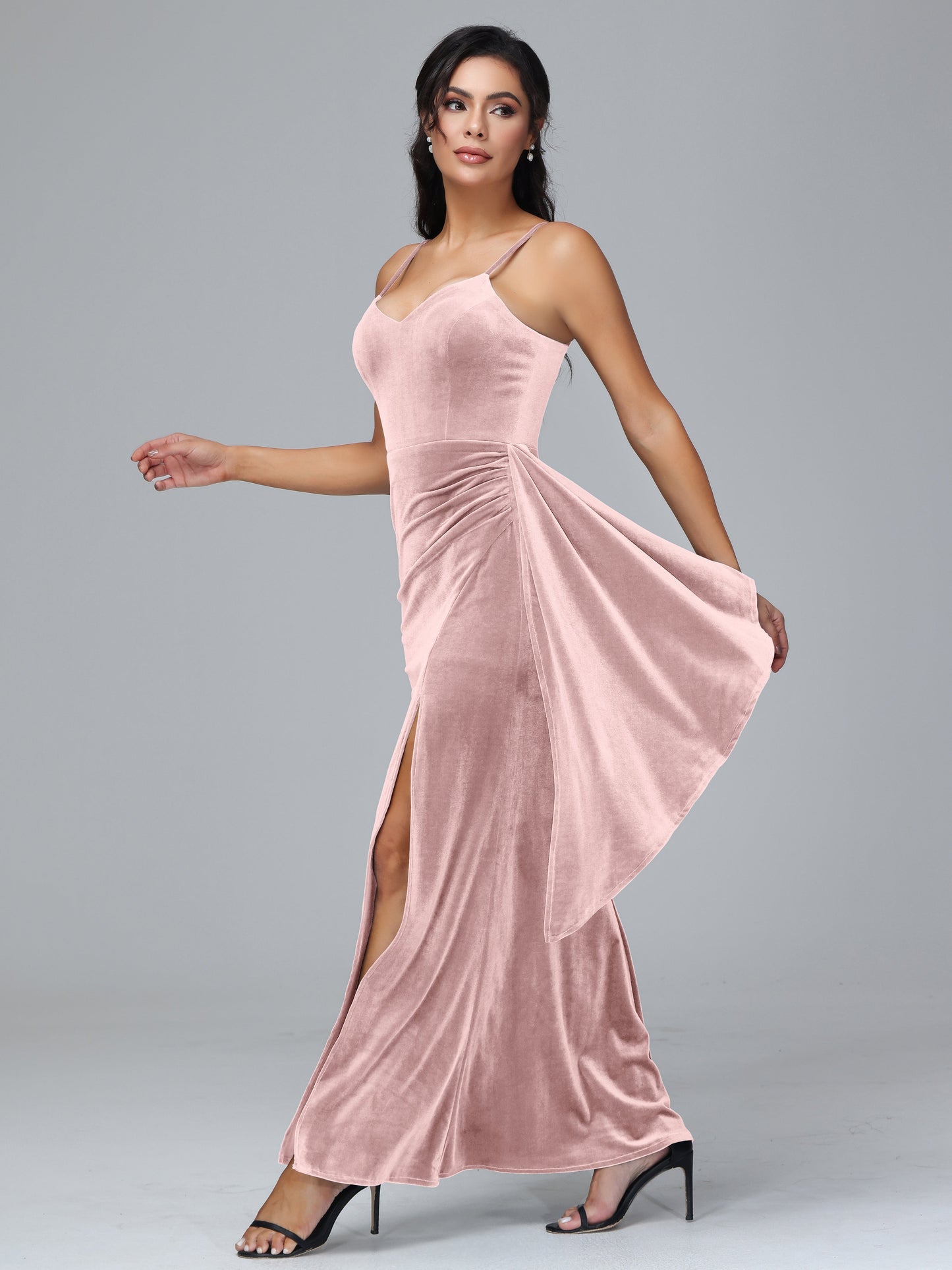 Spaghetti Straps V Neck Velvet Bridesmaid Dress With Slit