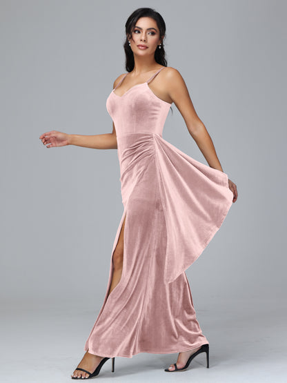 Spaghetti Straps V Neck Velvet Bridesmaid Dress With Slit