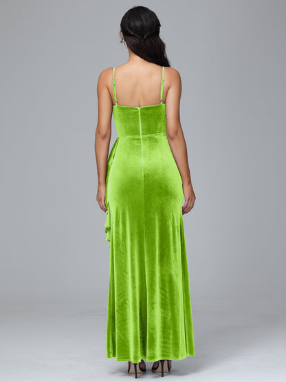 Spaghetti Straps V Neck Velvet Bridesmaid Dress With Slit