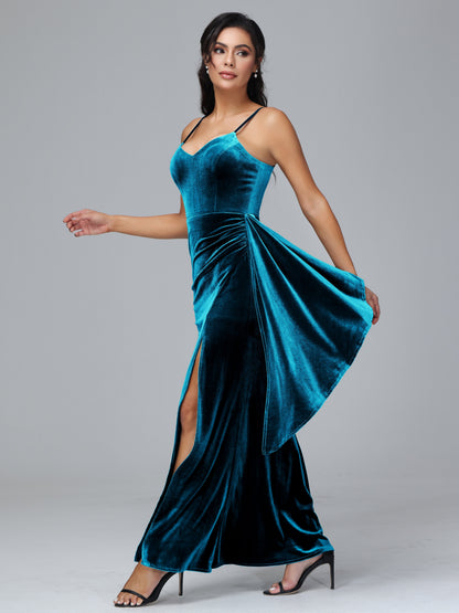 Spaghetti Straps V Neck Plus Size Velvet Bridesmaid Dress With Slit