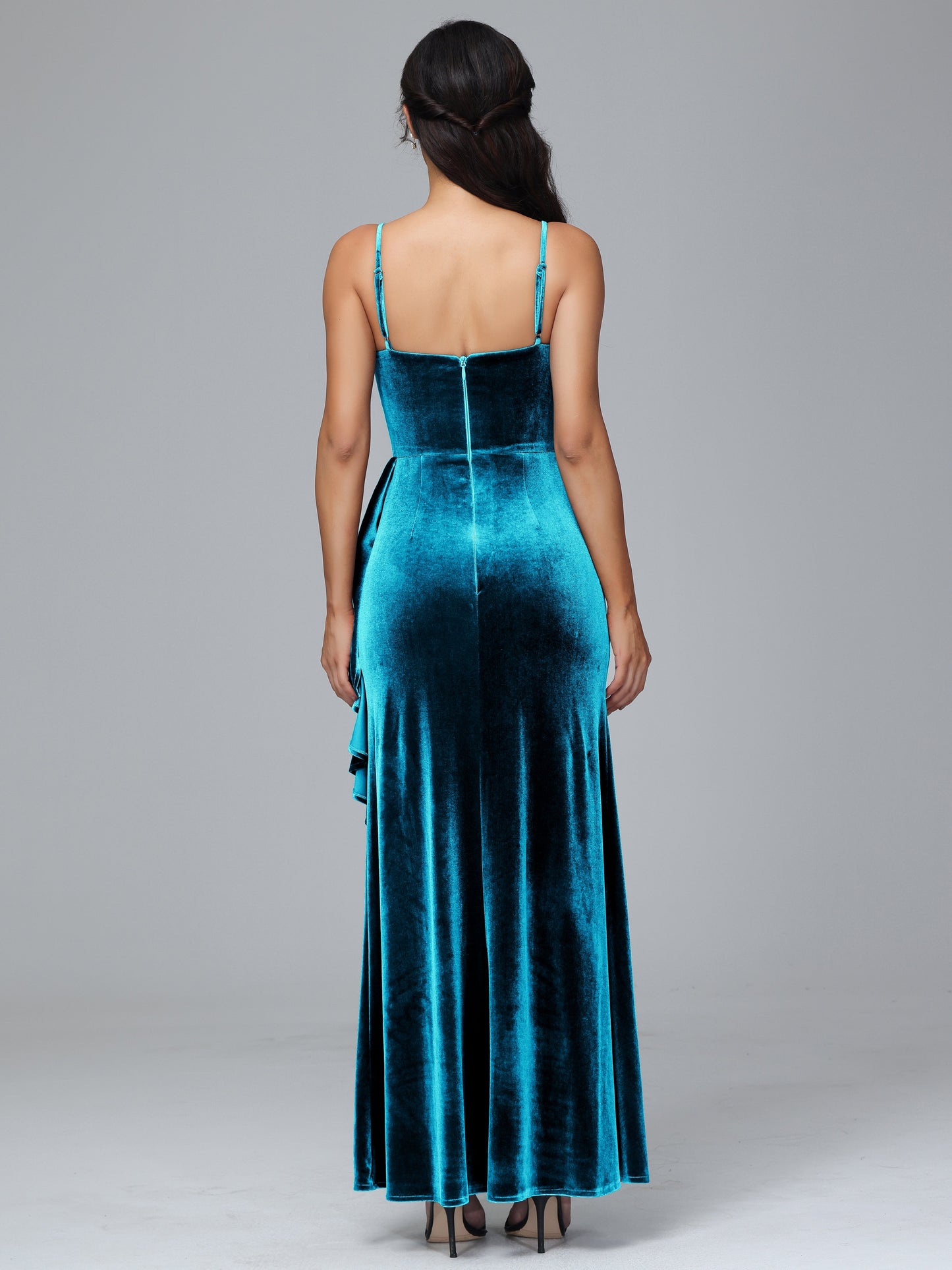 Spaghetti Straps V Neck Plus Size Velvet Bridesmaid Dress With Slit