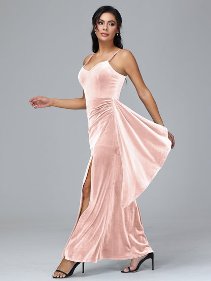 Spaghetti Straps V Neck Plus Size Velvet Bridesmaid Dress With Slit