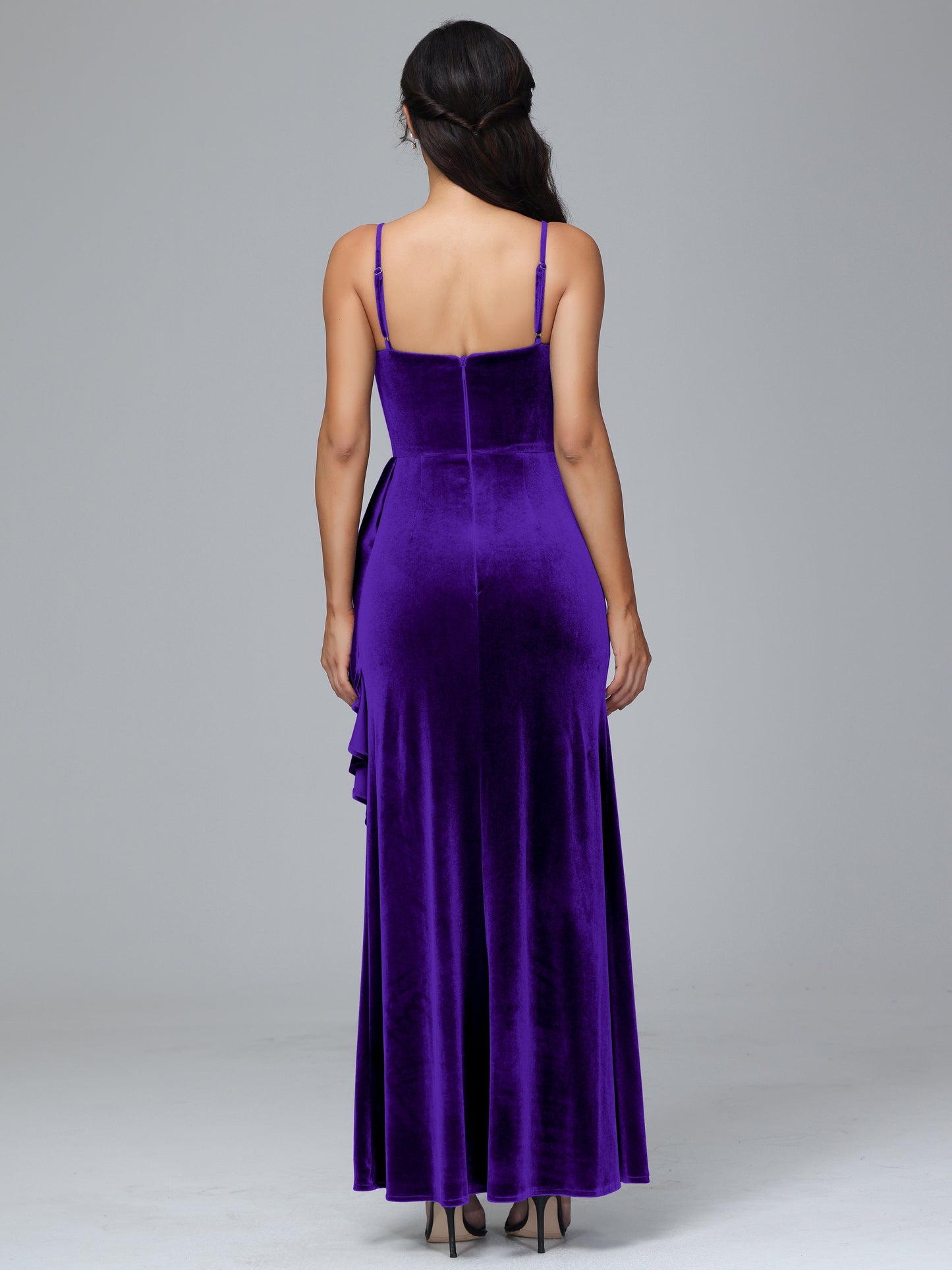 Spaghetti Straps V Neck Plus Size Velvet Bridesmaid Dress With Slit
