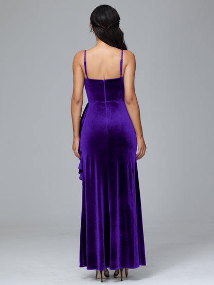 Spaghetti Straps V Neck Plus Size Velvet Bridesmaid Dress With Slit
