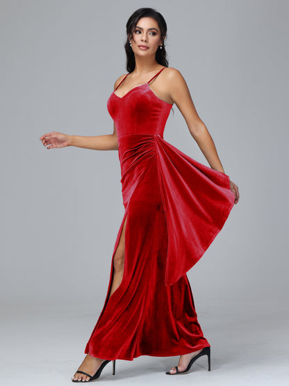 Spaghetti Straps V Neck Plus Size Velvet Bridesmaid Dress With Slit