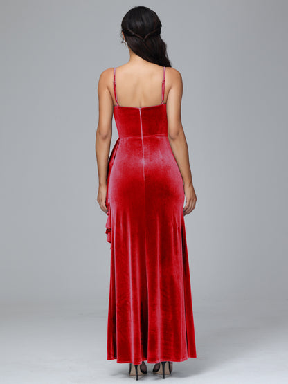 Spaghetti Straps V Neck Plus Size Velvet Bridesmaid Dress With Slit