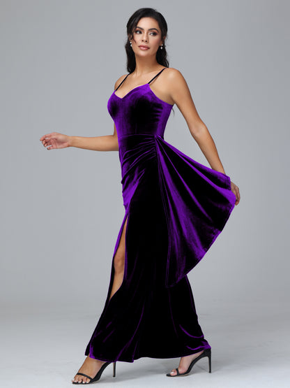 Spaghetti Straps V Neck Plus Size Velvet Bridesmaid Dress With Slit