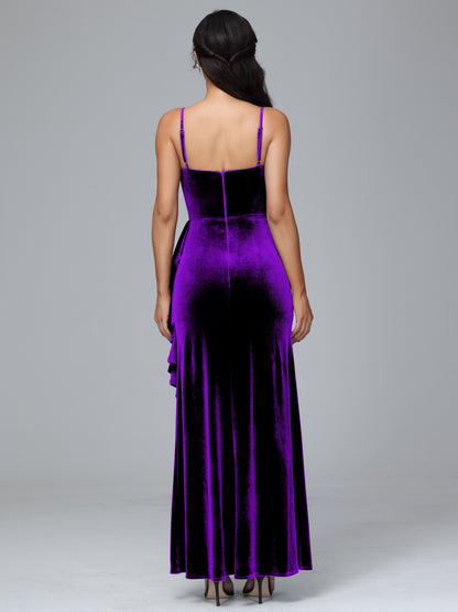 Spaghetti Straps V Neck Plus Size Velvet Bridesmaid Dress With Slit