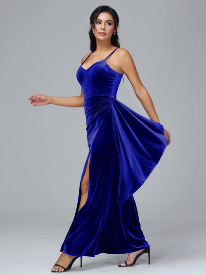 Spaghetti Straps V Neck Plus Size Velvet Bridesmaid Dress With Slit