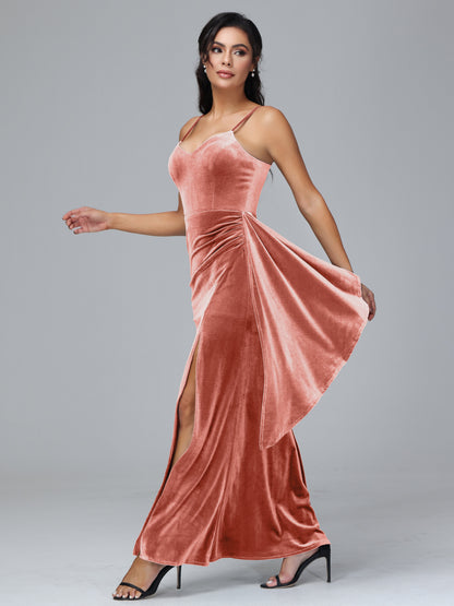 Spaghetti Straps V Neck Plus Size Velvet Bridesmaid Dress With Slit
