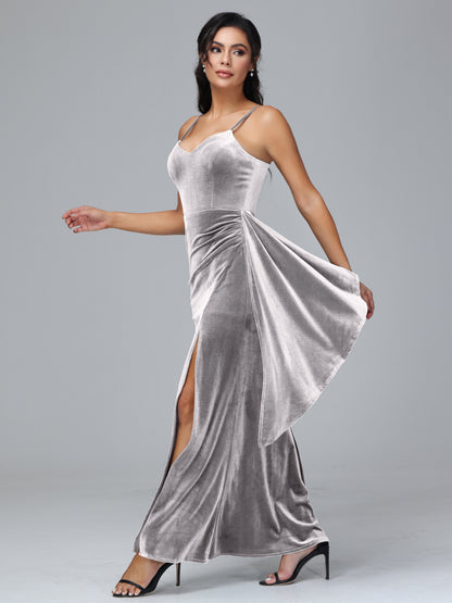 Spaghetti Straps V Neck Plus Size Velvet Bridesmaid Dress With Slit