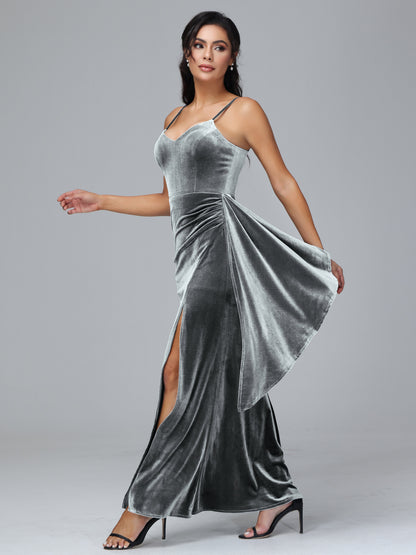Spaghetti Straps V Neck Plus Size Velvet Bridesmaid Dress With Slit