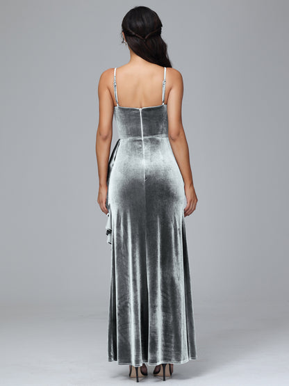 Spaghetti Straps V Neck Plus Size Velvet Bridesmaid Dress With Slit