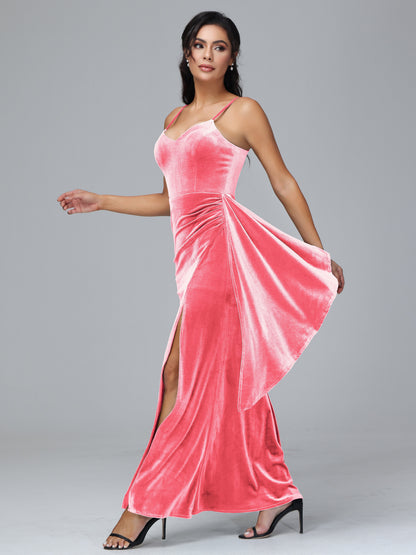 Spaghetti Straps V Neck Plus Size Velvet Bridesmaid Dress With Slit
