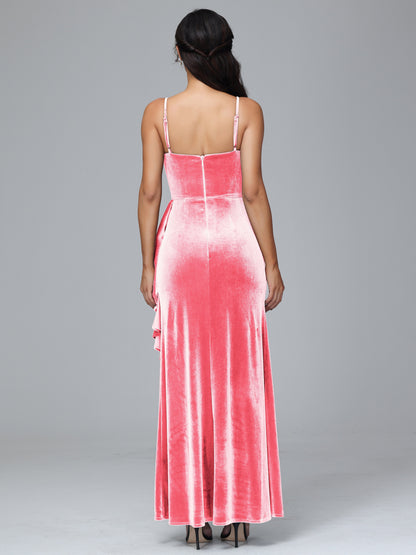 Spaghetti Straps V Neck Plus Size Velvet Bridesmaid Dress With Slit