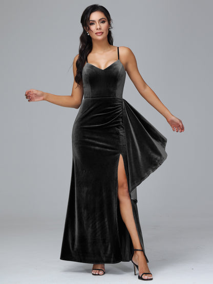Spaghetti Straps V Neck Velvet Bridesmaid Dress With Slit
