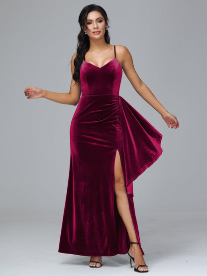 Spaghetti Straps V Neck Plus Size Velvet Bridesmaid Dress With Slit