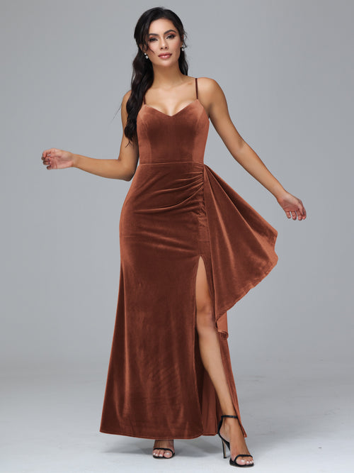 Spaghetti Straps V Neck Plus Size Velvet Bridesmaid Dress With Slit
