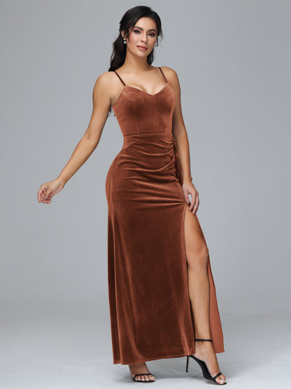 Spaghetti Straps V Neck Plus Size Velvet Bridesmaid Dress With Slit
