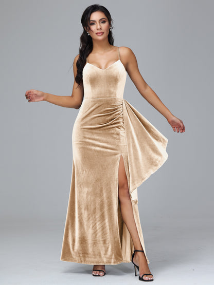 Spaghetti Straps V Neck Plus Size Velvet Bridesmaid Dress With Slit