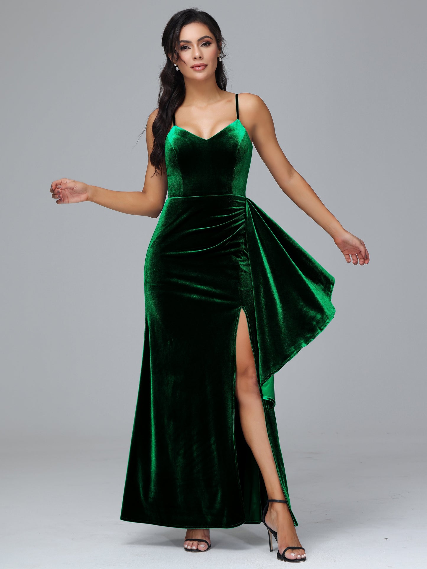 Spaghetti Straps V Neck Plus Size Velvet Bridesmaid Dress With Slit