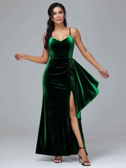 Spaghetti Straps V Neck Plus Size Velvet Bridesmaid Dress With Slit
