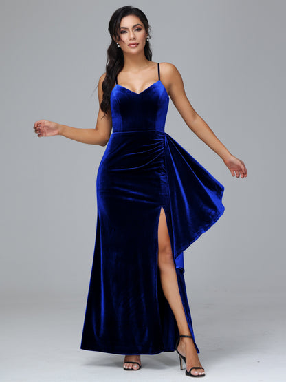 Spaghetti Straps V Neck Plus Size Velvet Bridesmaid Dress With Slit