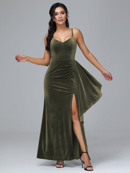Spaghetti Straps V Neck Plus Size Velvet Bridesmaid Dress With Slit