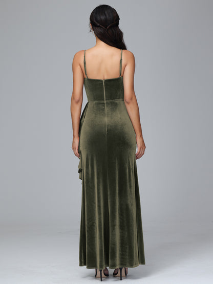 Spaghetti Straps V Neck Plus Size Velvet Bridesmaid Dress With Slit
