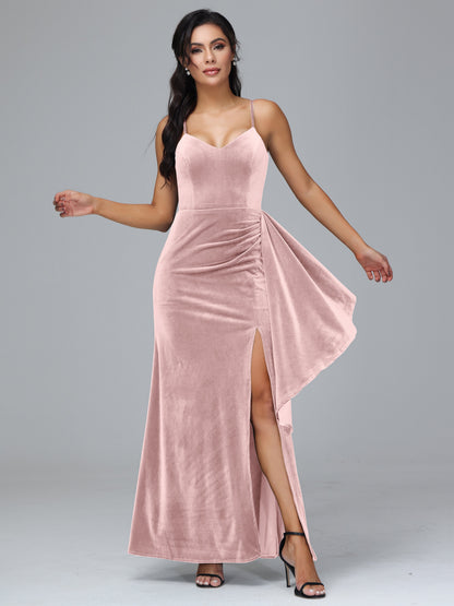 Spaghetti Straps V Neck Velvet Bridesmaid Dress With Slit