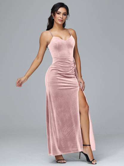 Spaghetti Straps V Neck Velvet Bridesmaid Dress With Slit