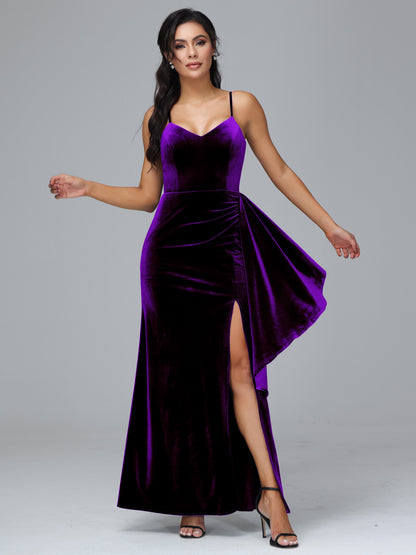 Spaghetti Straps V Neck Plus Size Velvet Bridesmaid Dress With Slit