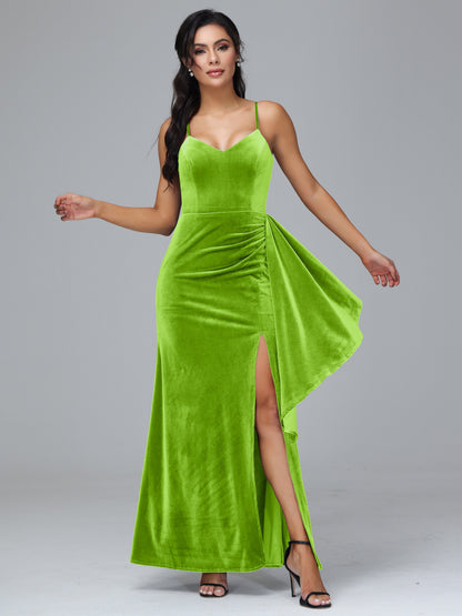 Spaghetti Straps V Neck Velvet Bridesmaid Dress With Slit