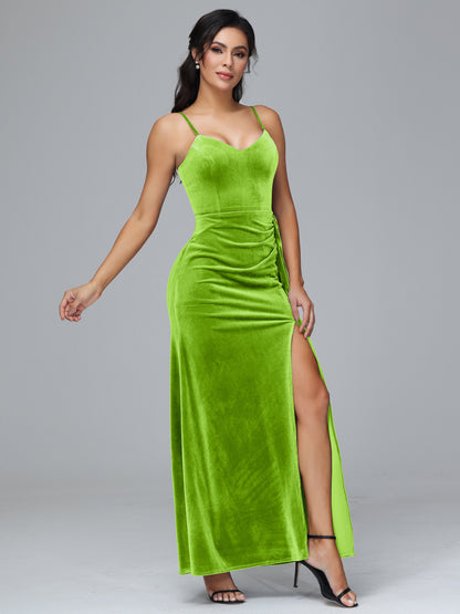 Spaghetti Straps V Neck Plus Size Velvet Bridesmaid Dress With Slit