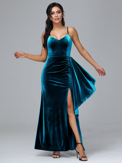 Spaghetti Straps V Neck Velvet Bridesmaid Dress With Slit