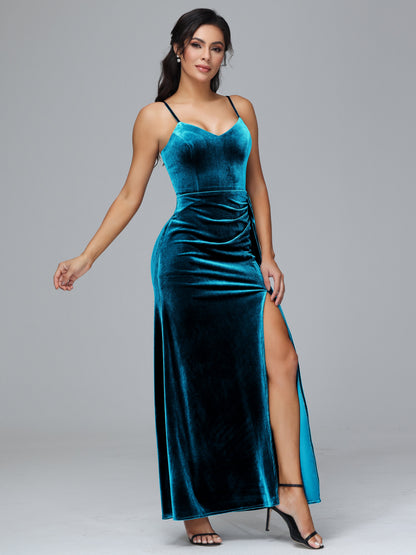 Spaghetti Straps V Neck Velvet Bridesmaid Dress With Slit