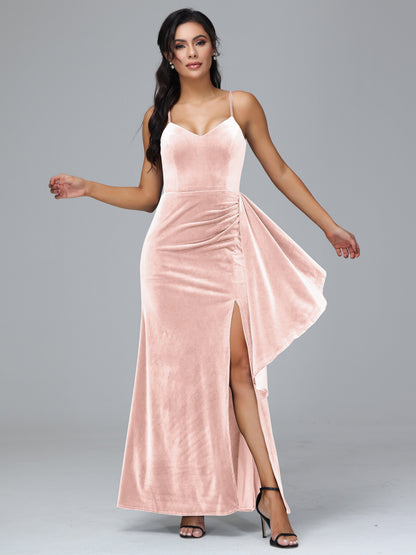 Spaghetti Straps V Neck Plus Size Velvet Bridesmaid Dress With Slit