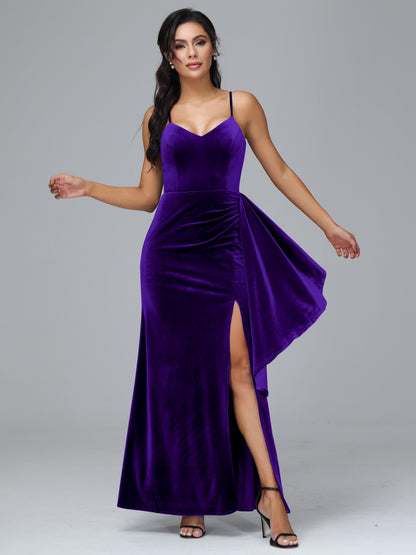 Spaghetti Straps V Neck Velvet Bridesmaid Dress With Slit