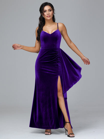 Spaghetti Straps V Neck Plus Size Velvet Bridesmaid Dress With Slit