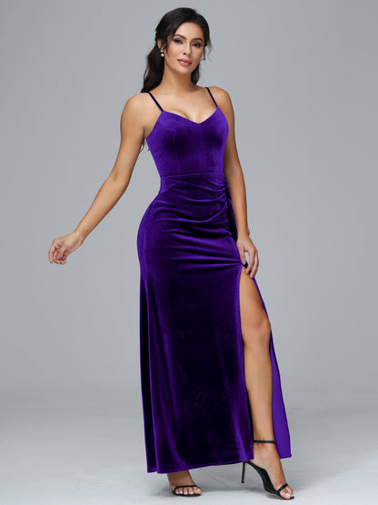 Spaghetti Straps V Neck Plus Size Velvet Bridesmaid Dress With Slit